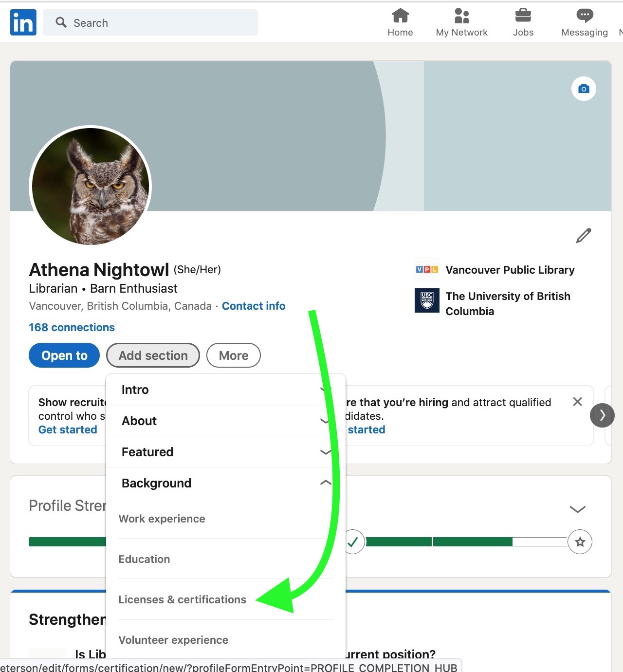 Screenshot of how to add Linkedin Learning certificates to your own Linkedin profile