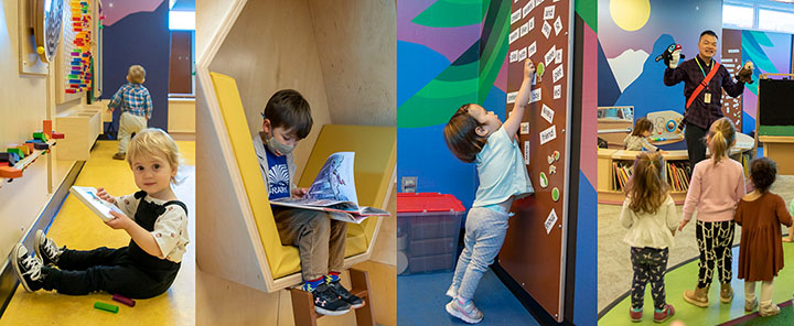 Young library patrons playing, learning and reading at Britannia Branch library Kids playing, learning and reading at Britannia Branch library
