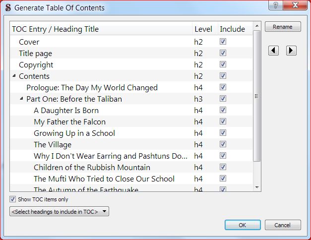 a screenshot of the 'Generate Table of Contents' menu in Sigil