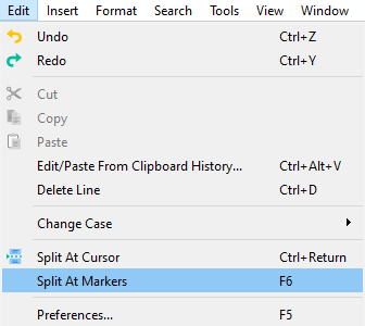 Click Edit > Split at Markers Click Edit > Split at Markers