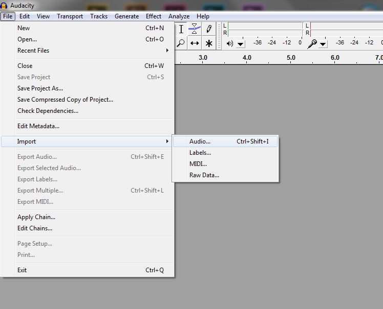 'File' menu, Audacity a screenshot of the 'File' menu in Audacity