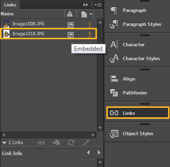 'Re-link' menu, InDesign a screenshot of the 'Re-link' menu in InDesign