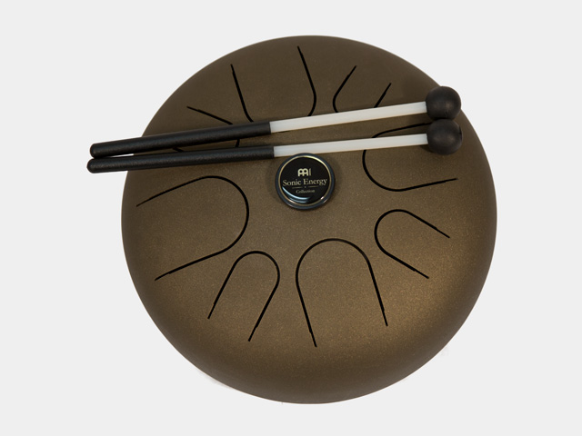 Image of copper coloured steel tongue drum and mallets
