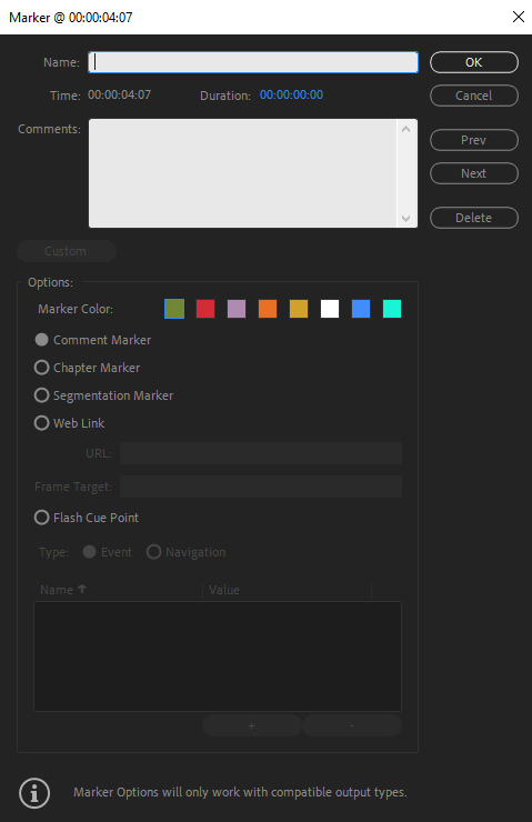 New Marker window in Adobe Premiere Pro New Marker window in Adobe Premiere Pro