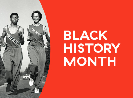 A banner featuring a black-and-white photo taken in 1959 of Olympic athletes Valerie and Harry Jerome running together. The words “Black History Month” in white text appear on a red background to the right. Image from VPL Special Collections (Accession Number: 61387)