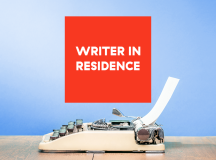 A typewriter with a red banner above saying Writer in Residence