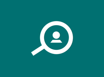 Stylized image of a magnifying glass with a person in the middle of the glass lense.