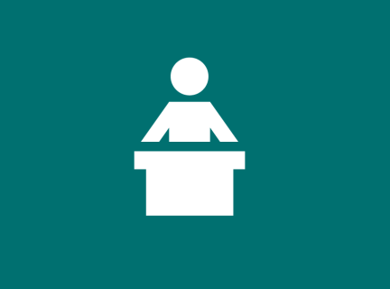 Stylized image of a person standing behind a podium in white in front of a solid green background