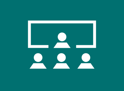 Stylized image of three people standing in front of a fourth person standing in front of a presentation screen or whiteboard.