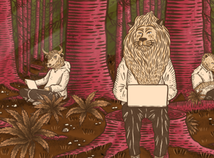 Digital Futures Lab A cartoon image of lion and a gazelle typing on computers