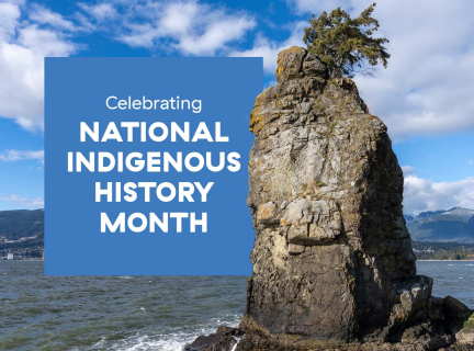 Photo of sɬχil’əx or Slhx̱í7lsh, a tall rock outcropping overlooking Burrard Inlet in Stanley Park (Vancouver, B.C), overlaid with a blue text box that reads: “Celebrating National Indigenous History Month.”