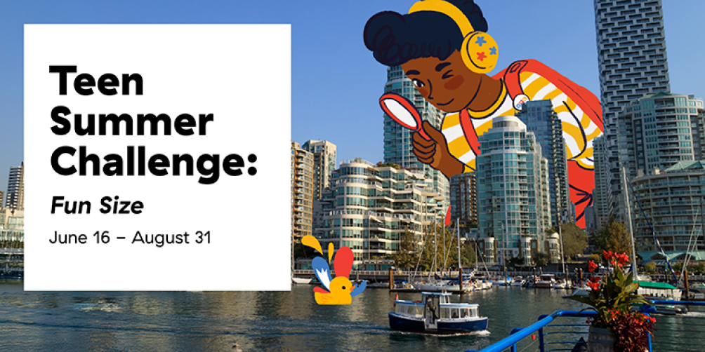 An image of a giant illustrated teen peering through a magnifying glass to a similarly cartoon duck splashing in False Creek
